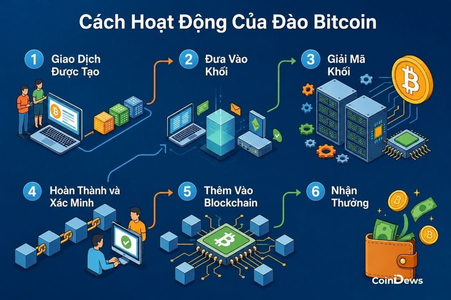 Đào bitcoin theo cơ chế đồng thuận, xác thực giao dịch và tạo khối mới