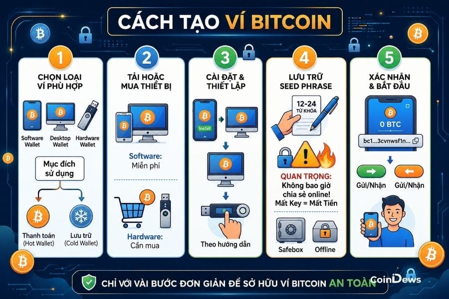Để nắm giữ tài sản chủ động cần tạo ví Bitcoin